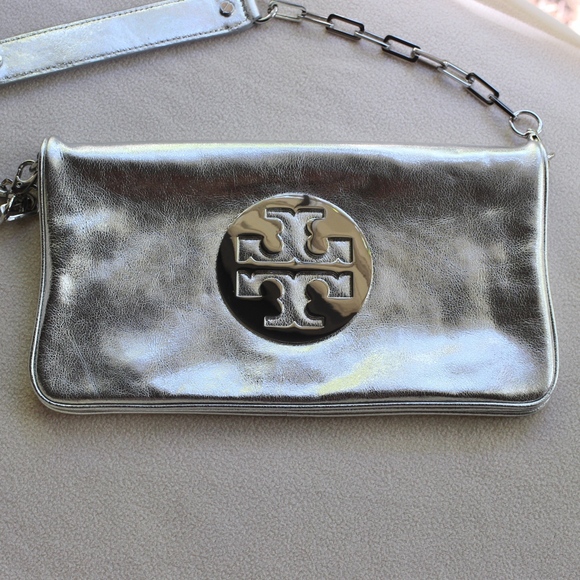 silver tory burch clutch